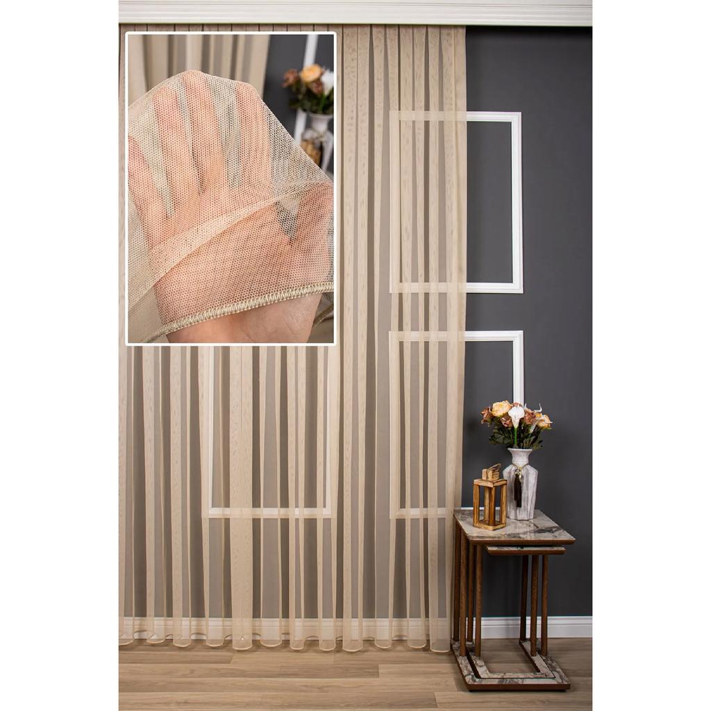 Crown Beige Plain Color Tulle Curtain Pleele Flat Strains, Extrafor Shirin, Single Wing