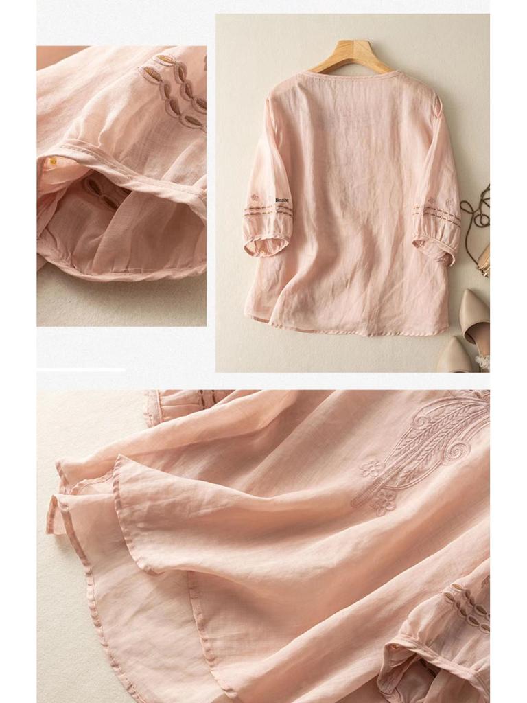 Женская льняно-хлопковая рубашка премиум-класса больших размеров с коротким рукавом - Лето 2025, китайский стиль