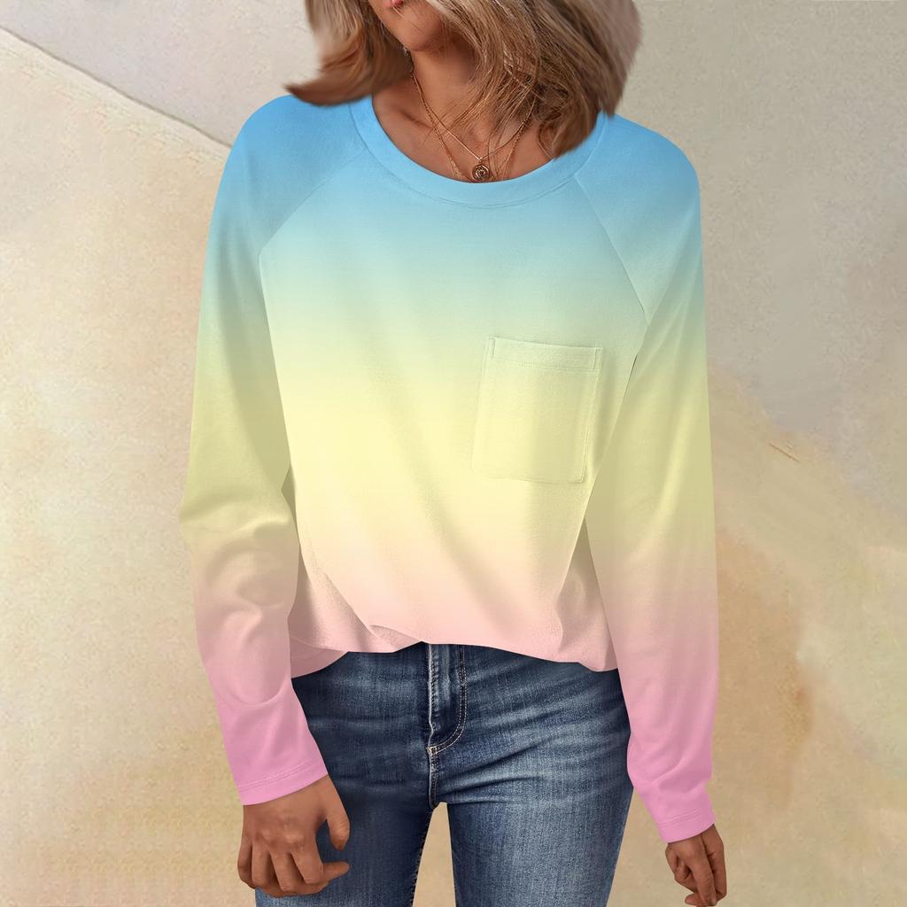 Women's Round Neck Gradient Printed Raglan Sleeve Long Sleeve Versatile Loose Top