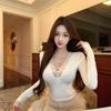 Lace splicing sexy v-neck long-sleeved T-shirt women's winter pure desire wind slim waist white bottoming shirt top