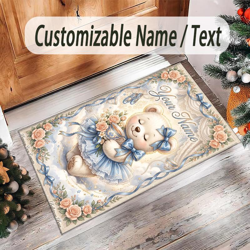 Teddy Bear Theme Crystal Velvet Rug Personalized Custom Name Text Soft Floor Mat Home Decor
