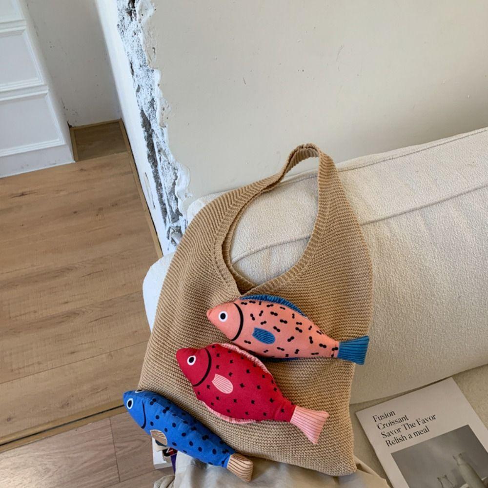 Crochet Weave Knitted Bag Cotton Beach Bag Trendy Fish Shoulder Bag Tote Bag