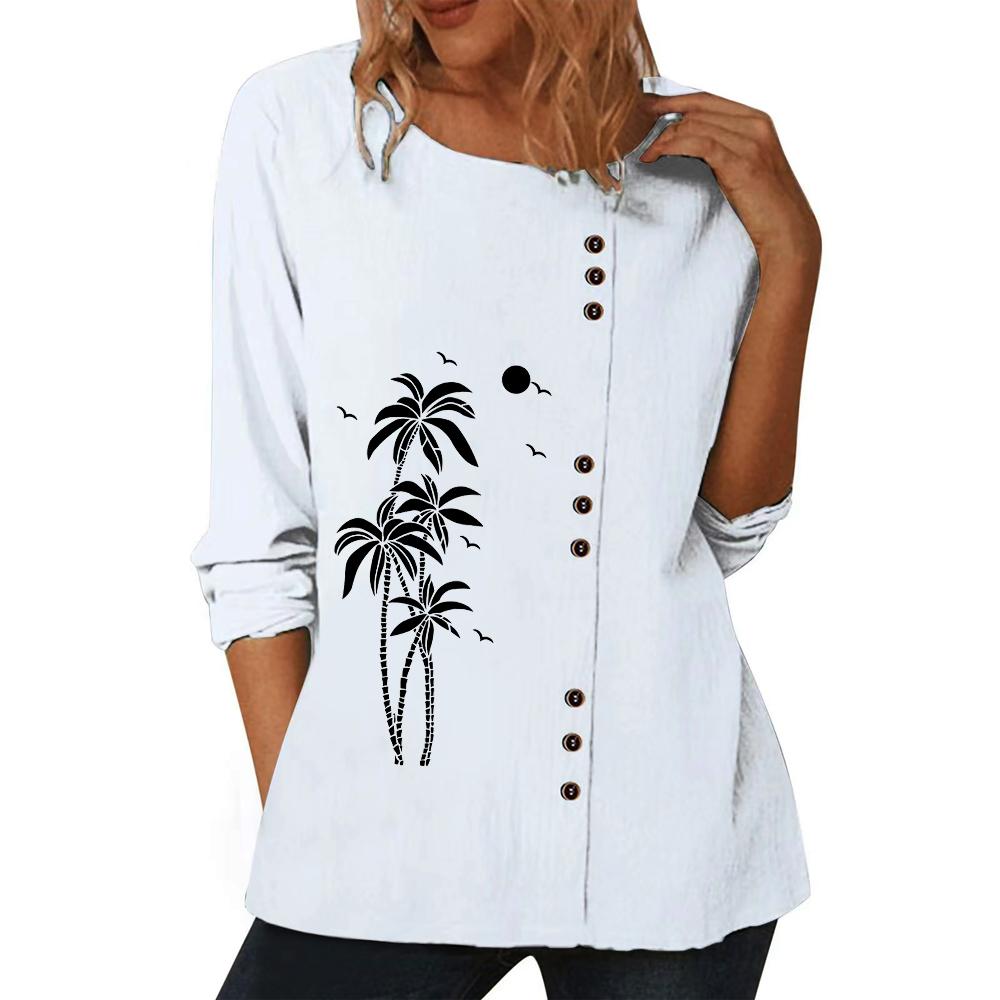 Модный женский белый хлопковый топ с короткими рукавами, шестью уникальными цветочными принтами и пуговицами