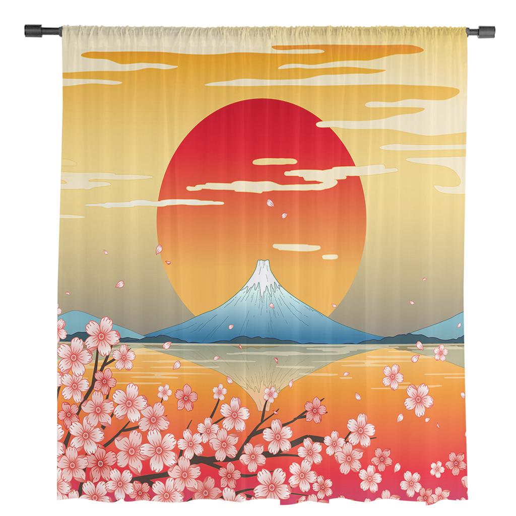 Японский стиль. Фудзи Сакура Цветущая вишня Прозрачные шторы для гостиной Декор Оконные шторы Кухонные шторы из тюля и вуали