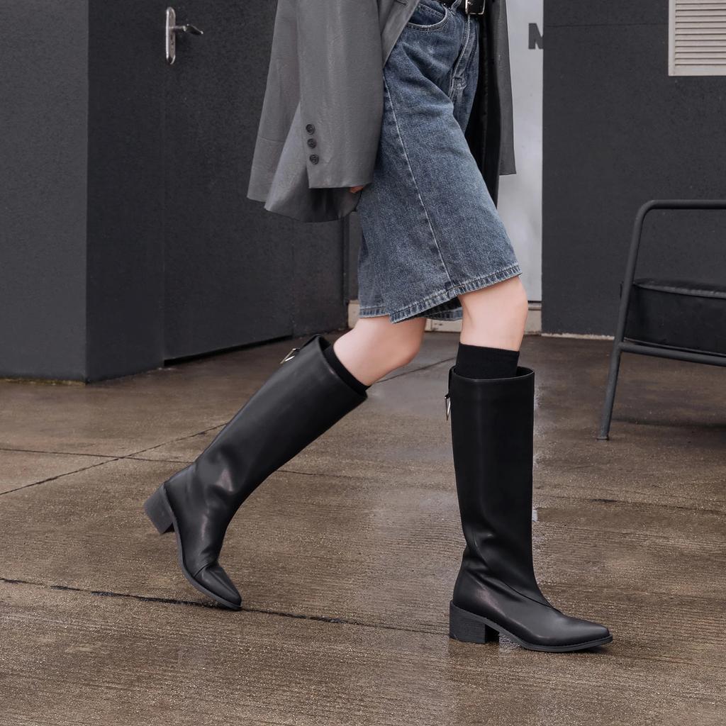 Fashion 2024 Winter Women Boots Pointed Toe Knee-high Boots Women Shoes Slip-on Modern Ladies Shoes Retro Chelsea Western Boots