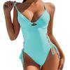 Women Swimsuit Solid Color One Piece Beachwear Padded Underwire Drawstring Swimwear Swimming