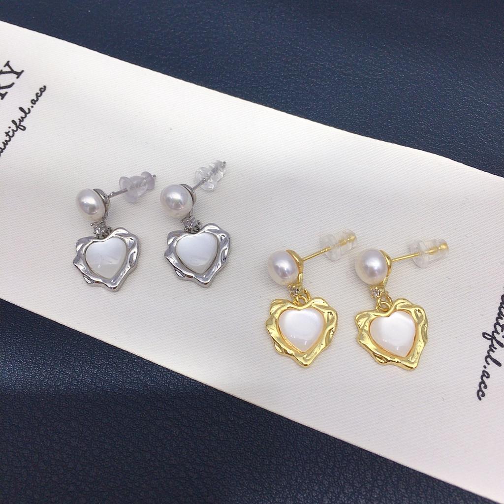 5A Button Natural Freshwater Pearl Drop Earrings Heart Shell Pendant Accent S925 Needle Pendant Earrings Women Jewelry