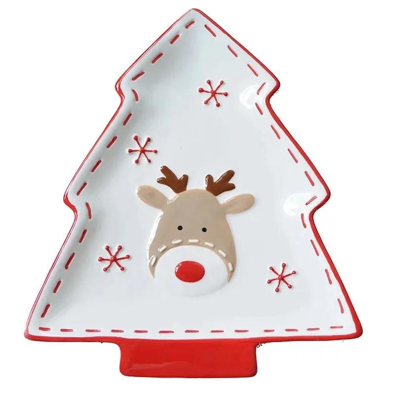 Christmas Hand-painted Ceramic Tableware Set Cute Christmas Steak Plate Embossed Underglaze Color Flat Plate