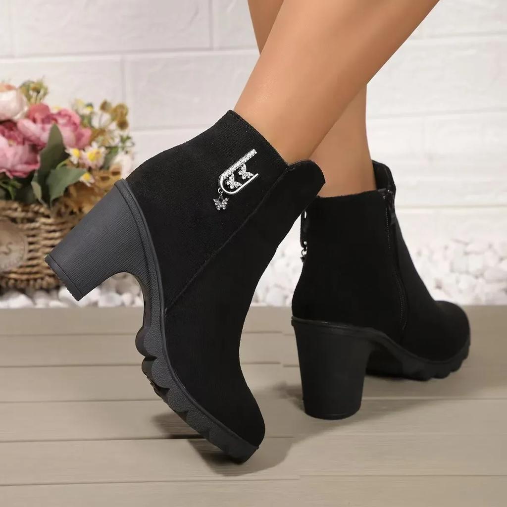 2024 Новые сапоги для женщин, теплые, однотонные, зимние, длиной до щиколотки, сексуальные, модные, на толстом высоком каблуке, женские сапоги, удобная обувь