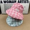 Plaid bucket hat women's summer big eaves sunscreen sun hat showing small face breathable with windproof rope versatile basin hat