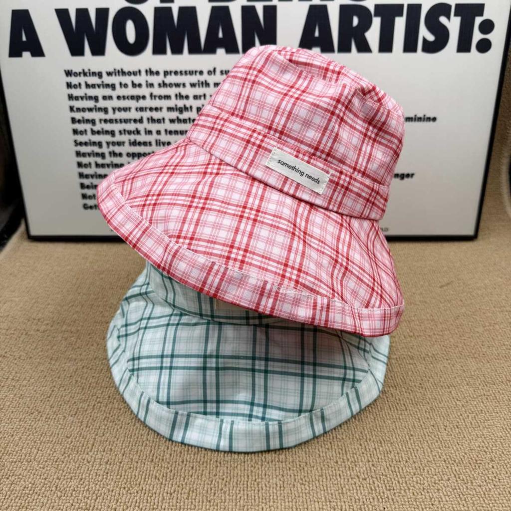 Plaid bucket hat women's summer big eaves sunscreen sun hat showing small face breathable with windproof rope versatile basin hat