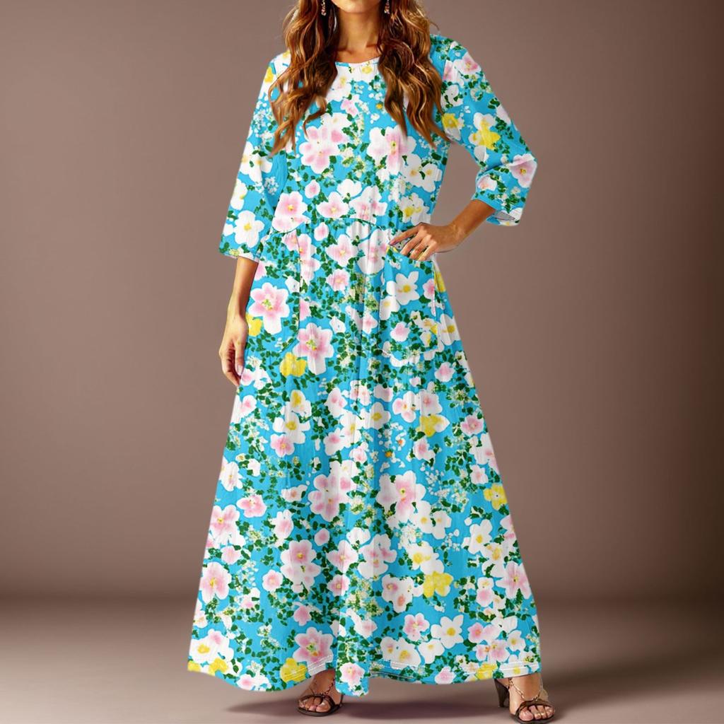 Женское повседневное модное платье с цветочным принтом, рукавом три четверти и карманами