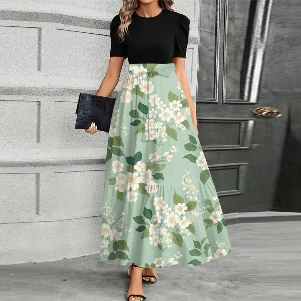 Женское модное повседневное платье с поясом, коротким рукавом, круглым вырезом и принтом, элегантное и темпераментное