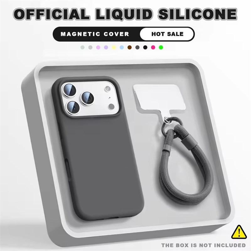 Чехол-бампер с ремешком на запястье и магнитом для iPhone 16E 14 15 Plus 12 13 16 17 Pro Max Air Magsafe Жидкий силикон Чехол-ремешок