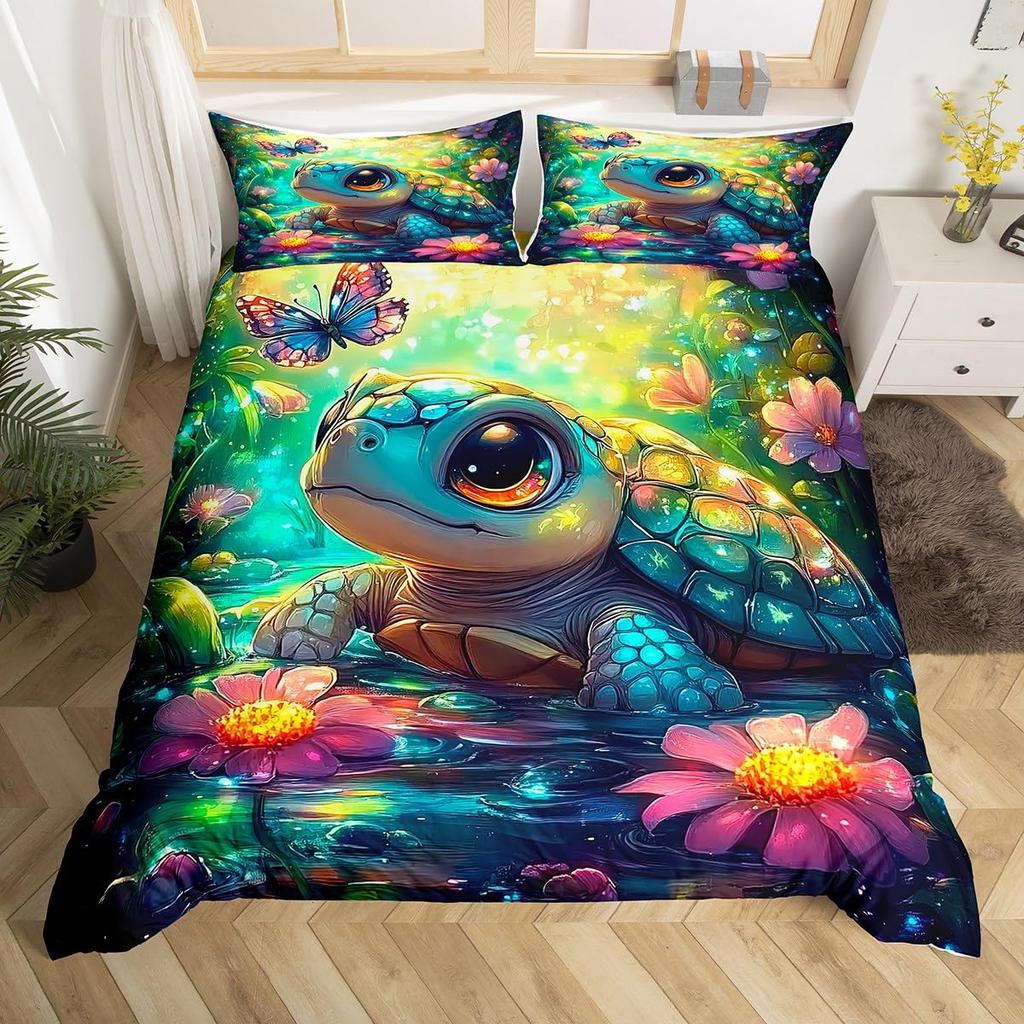 Turtle Butterfly And Flower Duvet Cover For Kids Boys Girls Lightweight Quilt Cover With 2 Pillowcase Cartoon Turtle Bedding Set