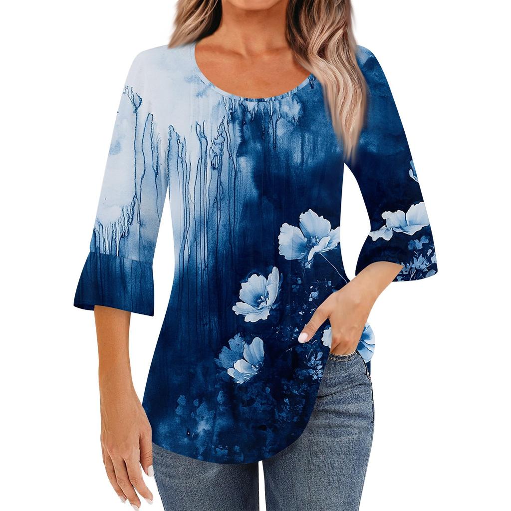 Женская модная повседневная плиссированная футболка с круглым вырезом и цветочным принтом, рукав три четверти