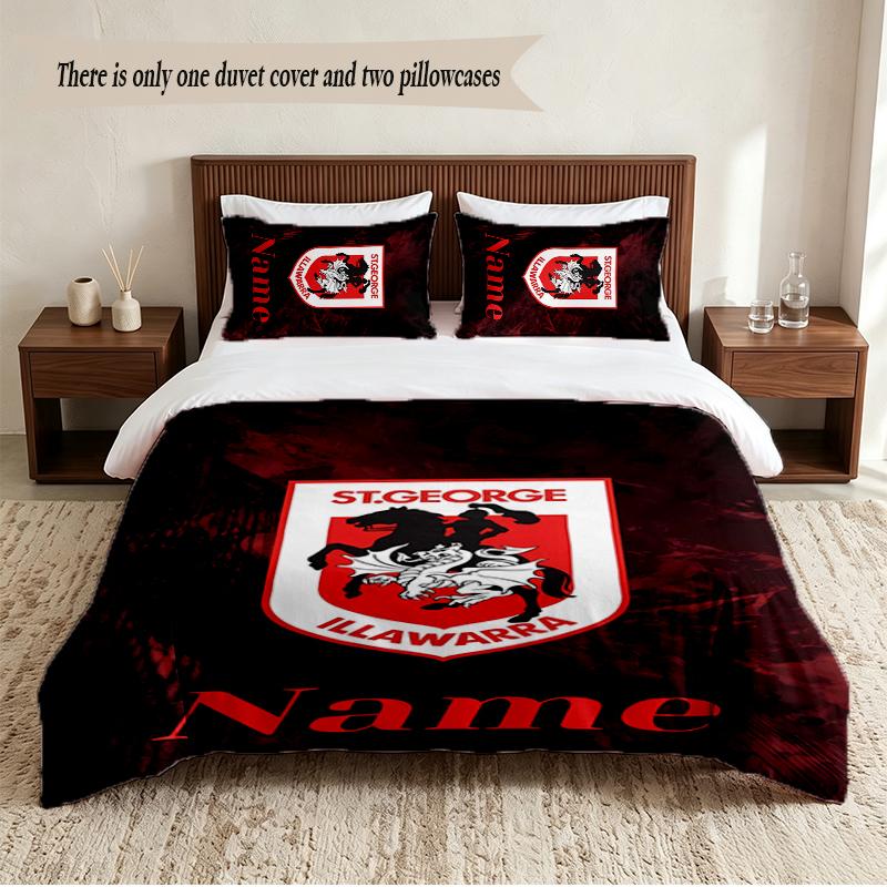 St George Illawarra Dragons Personalized Custom Name 3‑Piece Bedding Set Soft Duvet Cover Set For Bedroom Home Decor
