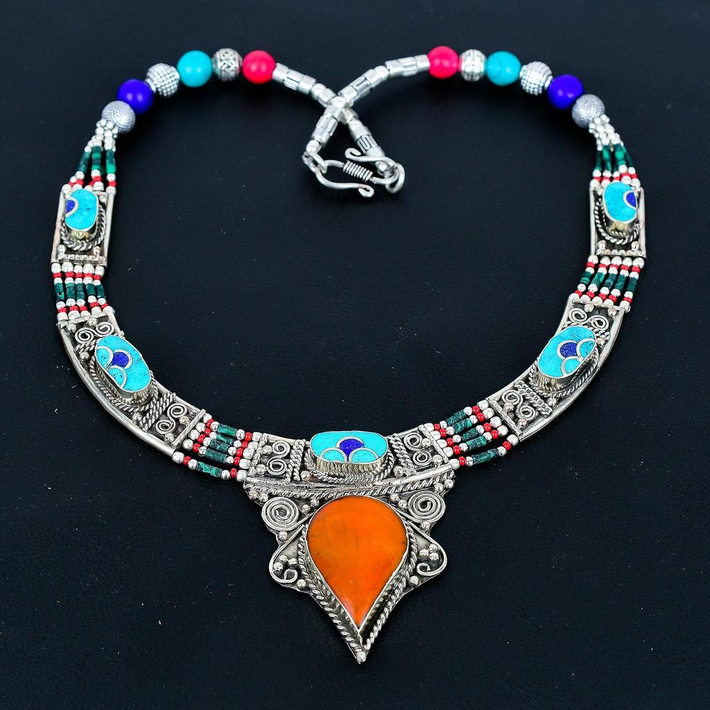Turquoise, Coral With Lapis Lazuli 925 Sterling Silver Necklace Tibetan Silver Necklace Bohemian Antique Necklace Handmade Jewelry Nepali Necklace