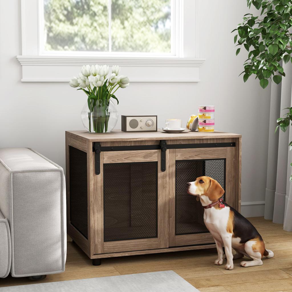 Dog Crate Furniture With Sliding Door For Medium Dogs Brown