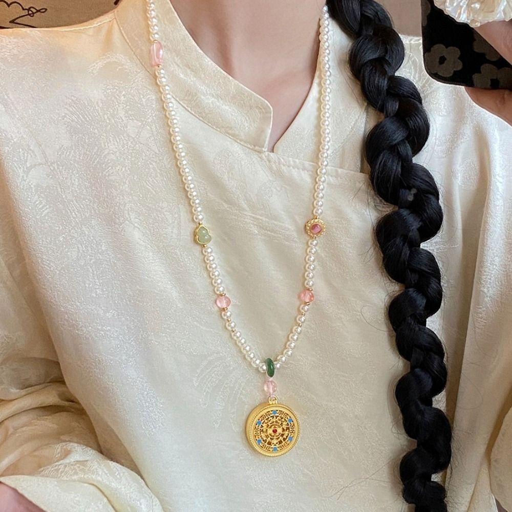 Zinc Zinc Alloy Pendant Pearl Beaded Necklaces Lucky Bag Vintage Sweater Chain  Cheongsam