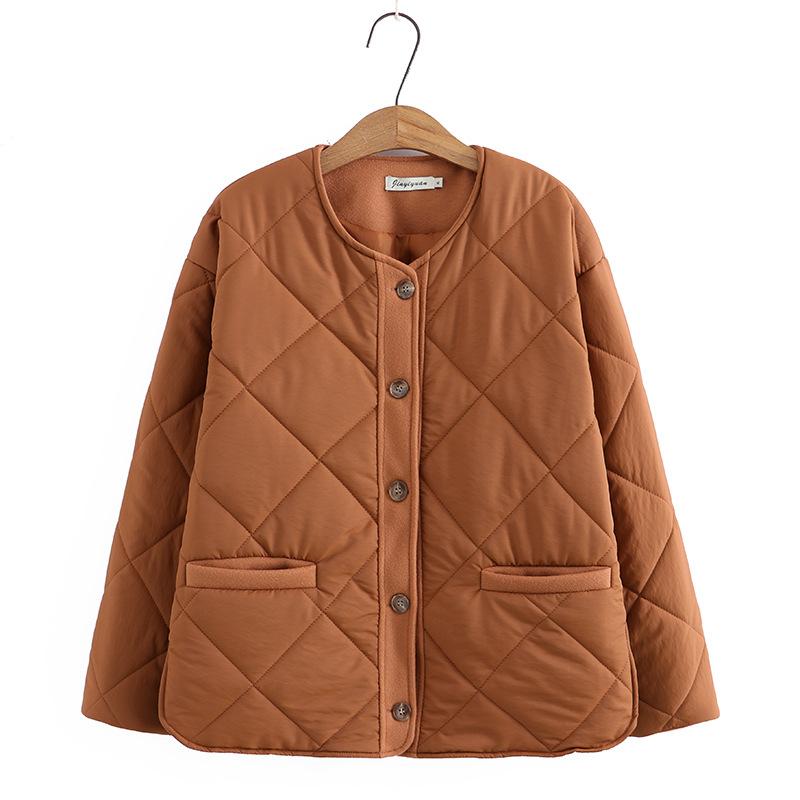 Парки Женская одежда Осеннее стеганое пальто Свободный крой Аргайл Сплайс О-образный вырез Длинный рукав Однобортная теплая куртка