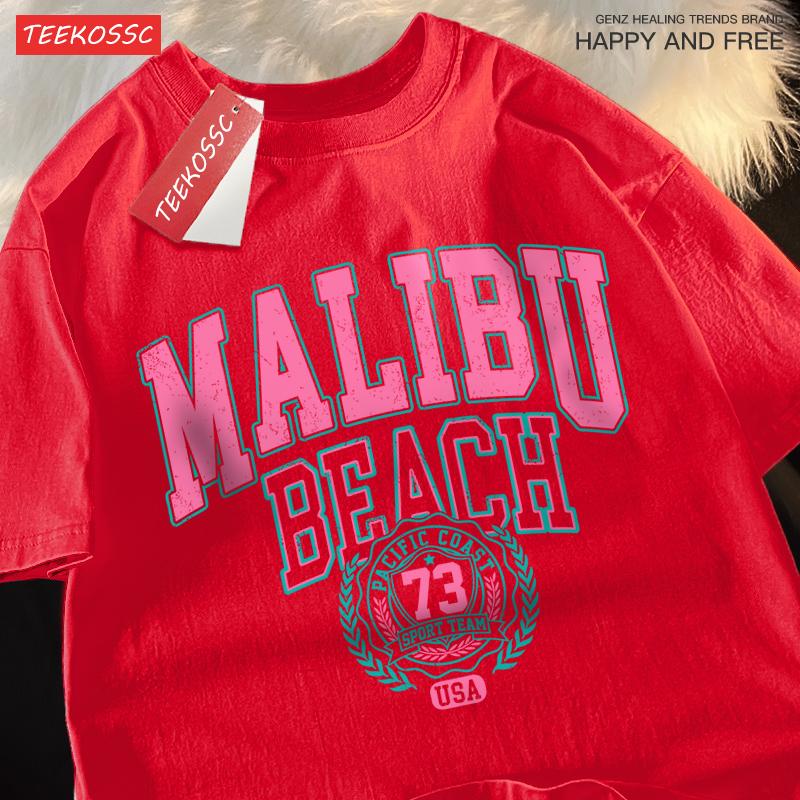 Пляж Малибу Простая надпись Принт Мужчины Женщины Топ Модная футболка Хлопок Свободная футболка Повседневная одежда с круглым вырезом Топ оверсайз