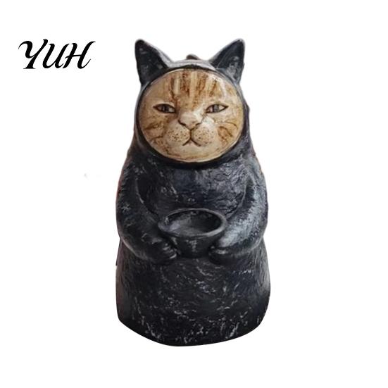 Mysterious Cat Home Decor Hooded Black Resin Figurine, Gothic Statue with Candle Holder, Decorative Ornaments Ornament for Halloween Farmhouse