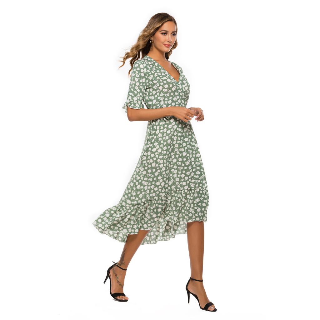 Весна-лето женские длинные платья с v-образным вырезом и короткими рукавами из шифона с принтом и оборками по подолу, S-XXL