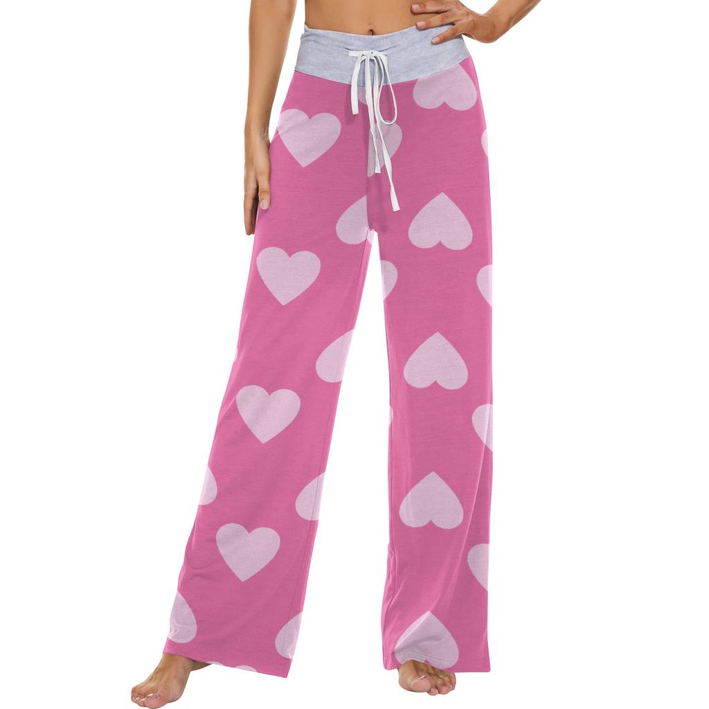 Women's Fashion Casual Comfortable Pajama Pants Love Printed Drawstring Wide Leg Pants Trousers