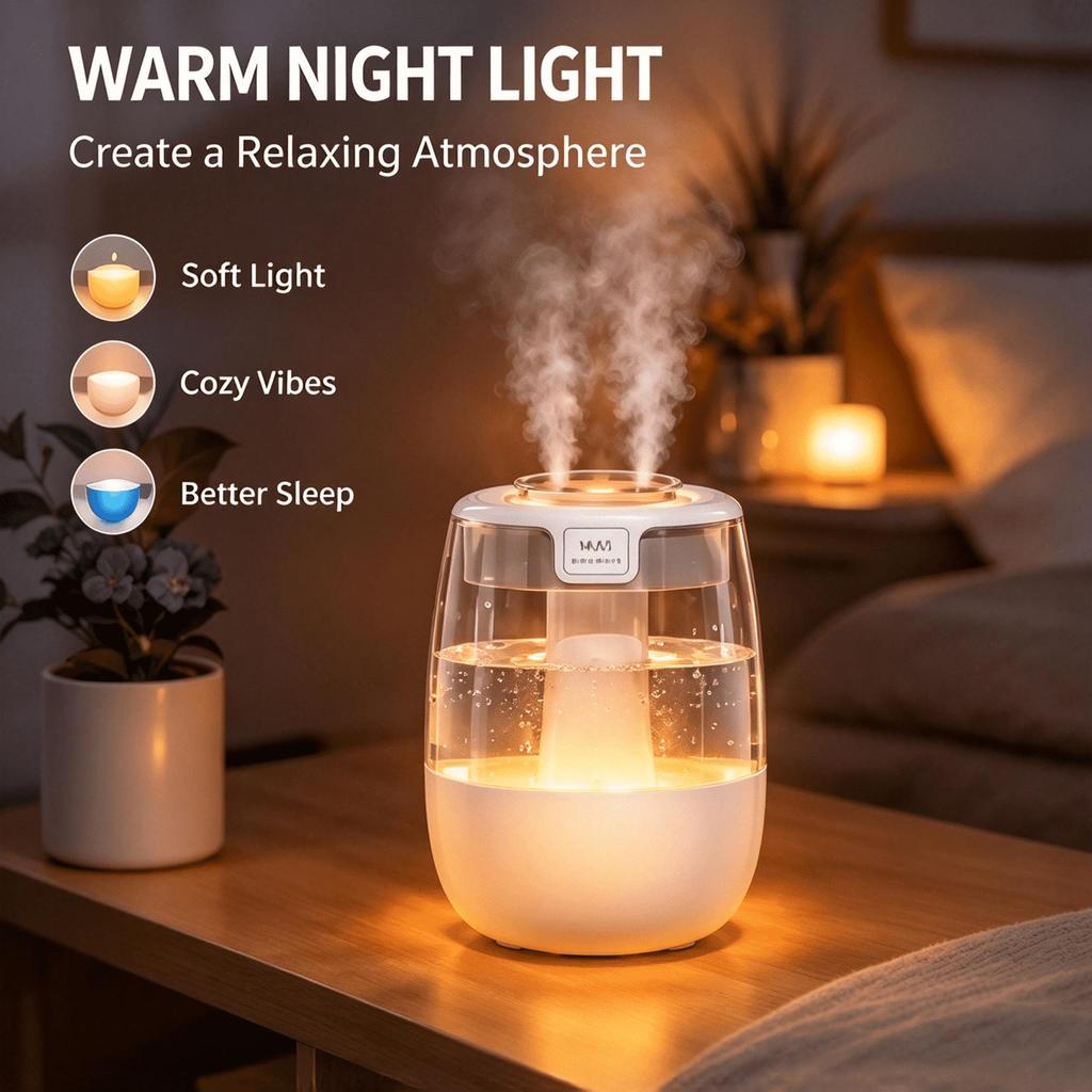 Dual Nozzle Ultrasonic Humidifier, Desktop Air Humidifier with Warm Night Light for Bedroom