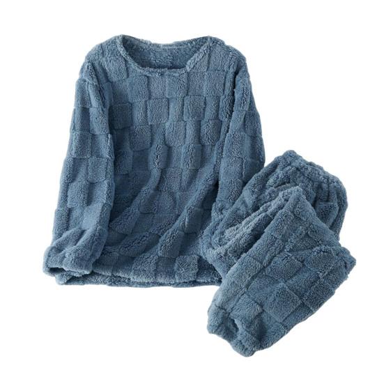 2 Pcs/Set Winter Pajamas Set Thickened Coral Fleece Checked Texture Round Neck Long Sleeves Top Wide Leg Elastic Waist Trousers Homewear Loungewear