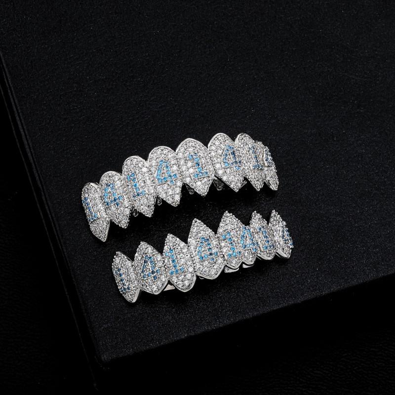 Plated Vampire Fang Denture Set With Micro Inlaid Blue Zirconia Teeth Halloween Costume Party