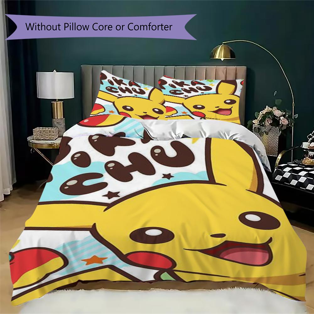 pokemon Pattern Bedding uilt Set uilt Cover Pillowcase Home Decoration Birthday Gift (1 * duvet cover + 2 * pillowcase without core)