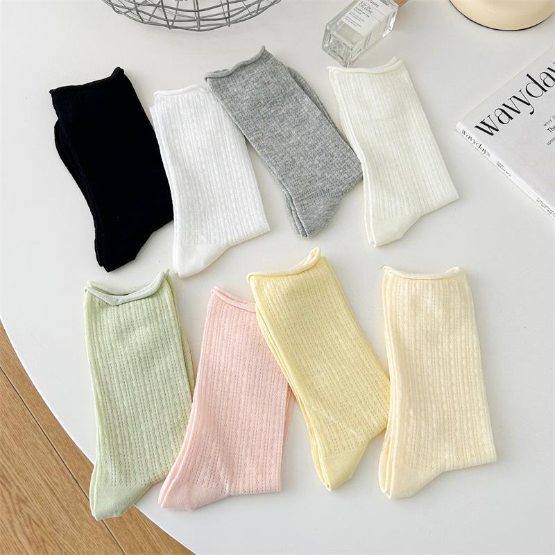 Solid Color Cotton Socks Summer Thin Boneless Curled Edge Confinement Stack Socks Breathable Medium Tube Ice Socks