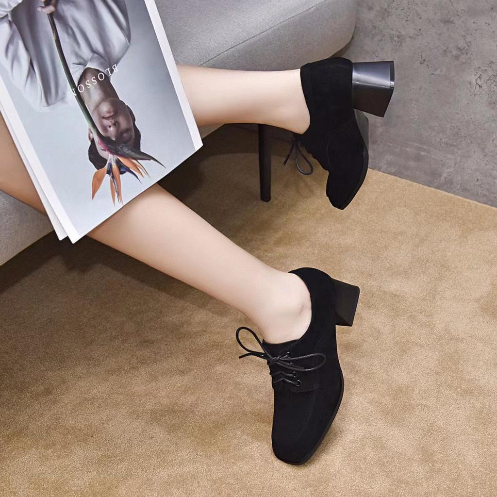 Женские осенние туфли-лодочки из маленькой кожи с квадратным носком, черные, из овчины, на высоком каблуке, на шнуровке, на толстом каблуке, одинарные туфли, обувь на четыре сезона