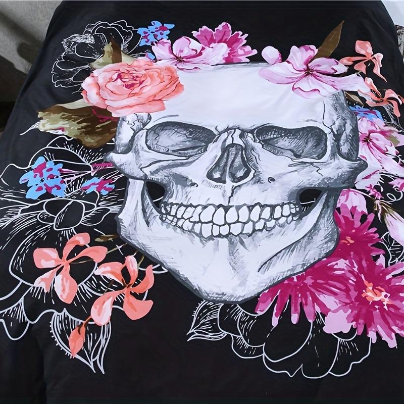 Комплект пододеяльника с принтом черепа и цветов, мягкий и удобный, 3 предмета, для спальни и гостевой комнаты - Включает 1 пододеяльник и 2 наволочки