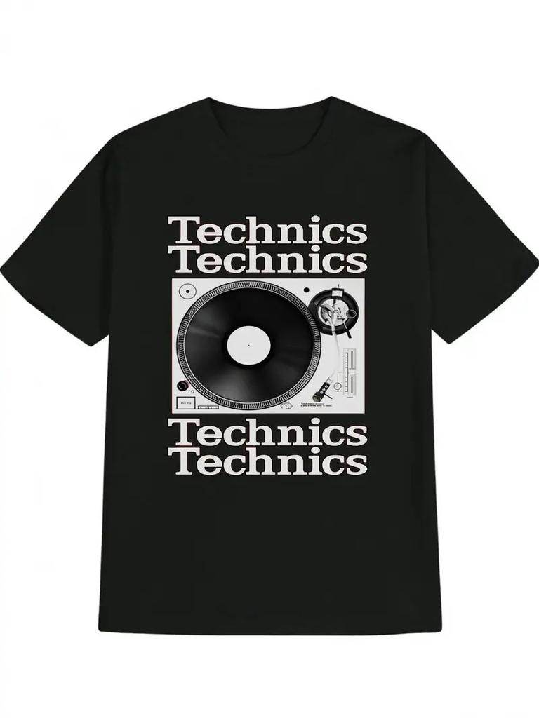 Мужская винтажная футболка с графикой проигрывателя - Надпись "Technics" и дизайн в стиле DJ
