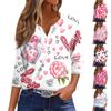 Women's Fashion Casual Valentine's Day Print V-Neck Decorative Button Three-quarter Sleeve T-Shirt Top