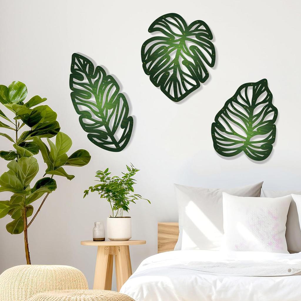 3pcs DIY Wooden Palm Leaves Wall Art Vintage Green Leaf Plant Decor Hanging Accents for Home Bathroom Office