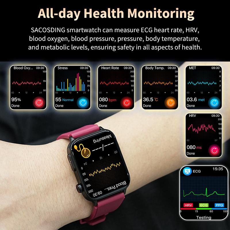 SACOSDING AMOLED Смарт-часы ЭКГ Артериальное давление Кислород в крови Температура тела ВСР Монитор здоровья SOS Bluetooth Вызов Смарт-часы Мужчины