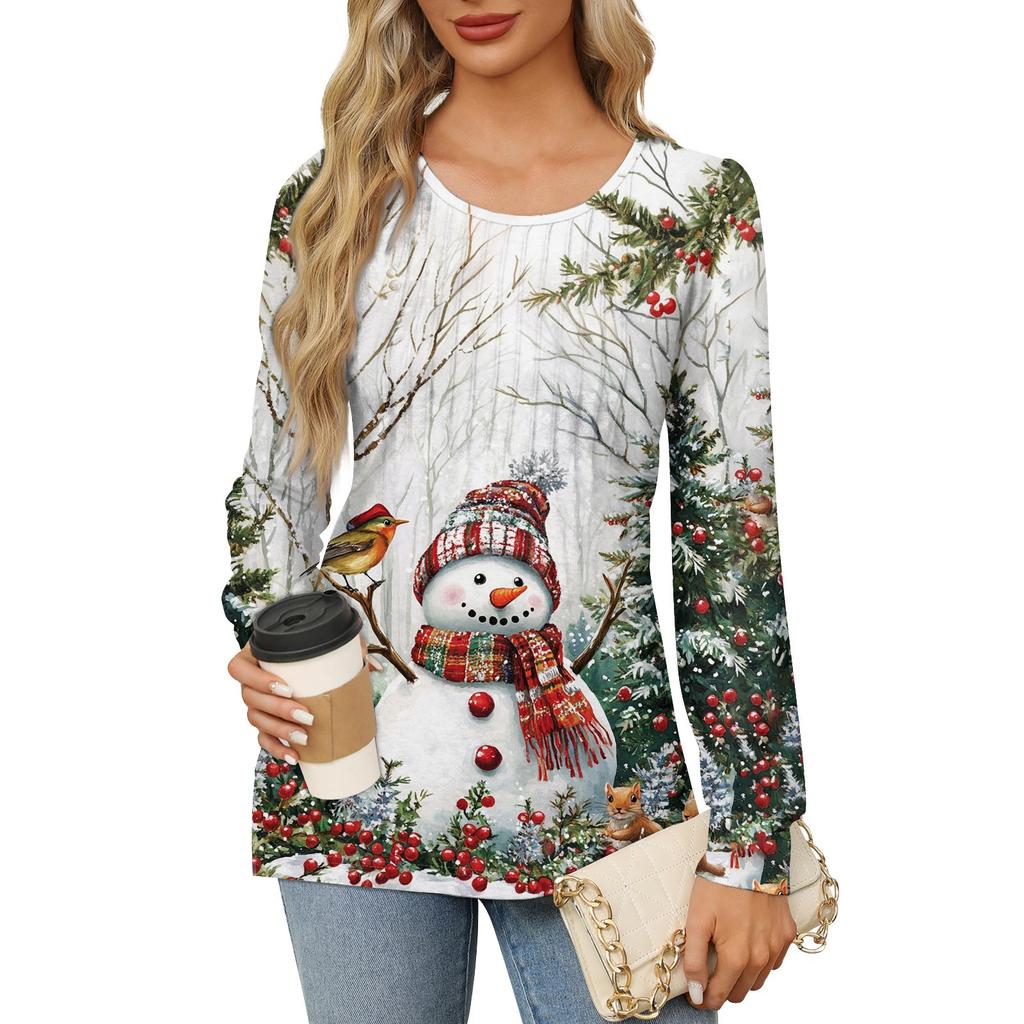 Женский модный пуловер с круглым вырезом и длинными рукавами, рождественский принт «Снеговик»