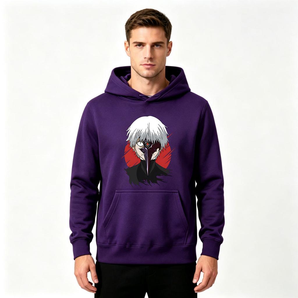 Men Anime Printed Pullover Hoodie Casual White Hair Ghoul Character Long Sleeve Sweatshirt