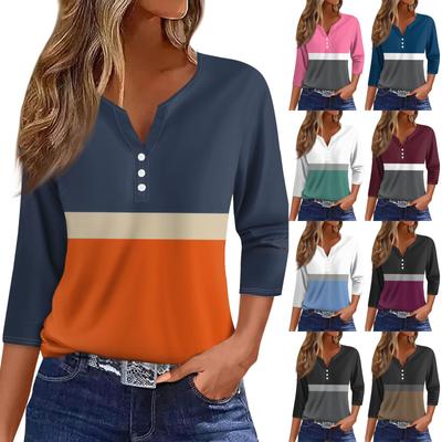 Жен. Футболка Футболка С принтом Пуговицы Рукав 3/4 Повседневные Выходные Мода Классический V-образный вырез Обычный Топ
