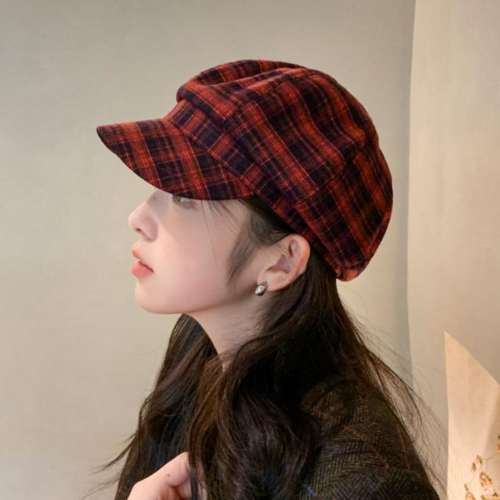 Thin Plaid Cloud Cap Cotton Women Octagonal Hat Vintage Grid Beret Cap Ladies