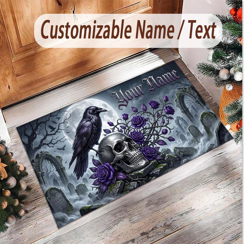 Skull Gothic Theme Soft Crystal Velvet Rug Custom Name & Text Print Non Slip Floor Rug for Bedroom Living Room