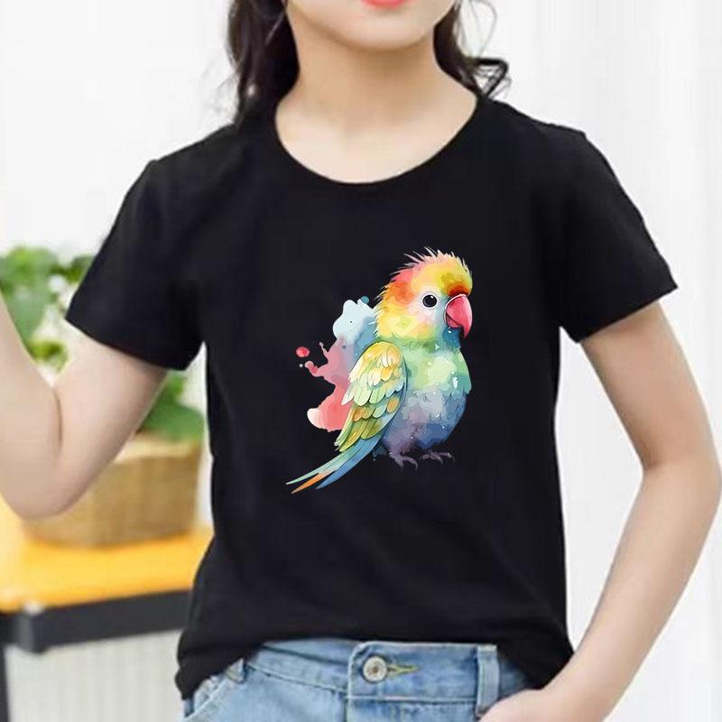 Bright Watercolor Rainbow Parrot Graphic Tee Kids Pure Cotton Crew Neck Print T Shirt Short Sleeve Muticolor Tops Boys Girls
