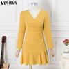 VONDA Женские элегантные платья с V-образным вырезом, плиссировкой и длинными рукавами, оборками по подолу
