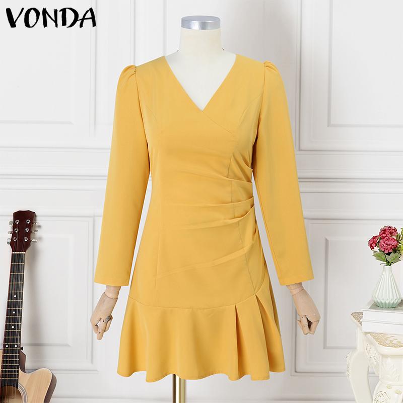 VONDA Женские элегантные платья с V-образным вырезом, плиссировкой и длинными рукавами, оборками по подолу