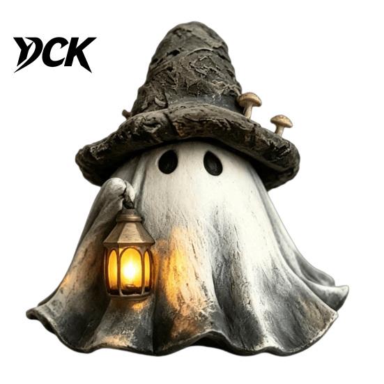 Atmospheric Halloween Party Supplies Ghost Wizard Hat Resin Figurine with LED Lantern, Vintage Witch Decorative Lantern for Haunted House Holding Lamp