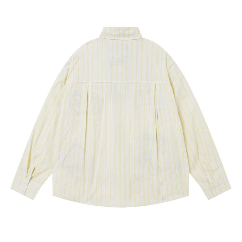 American Retro Cartoon Dog Embroidery Striped Long Sleeve Shirt Loose Fit Casual Top Teens